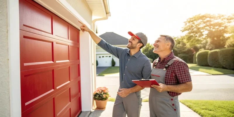 2-homeowner-pointing-at-fixed-garage-door-with 2-homeowner-pointing-at-fixed-garage-door-with